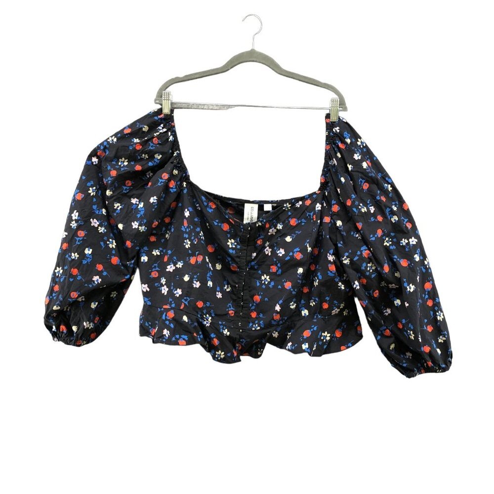 Asos Corset Square Neck Crop Top Womens 20 Puff Sleeve Blue Floral Cotton Blouse